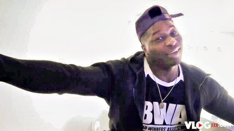 Fit black man in hoodie smiling arms wide, partner of flexible buxom MILF in BBC scene