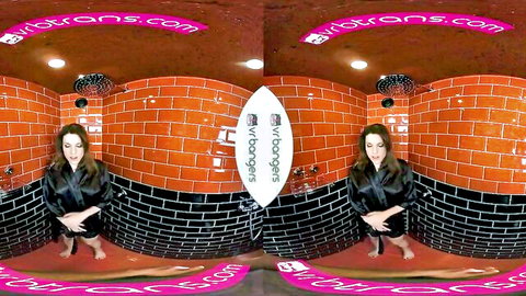 VR trans dominatrix in black robe in shower, BDSM stepsister fantasy