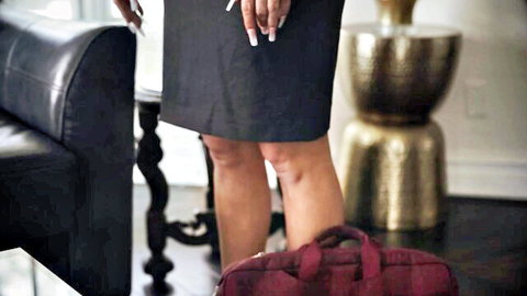 Jennifer White in tight black skirt, sexy legs and red bag, A New Life scene