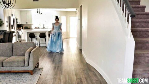 Lily Thot in sexy blue Cinderella dress, walking teasingly