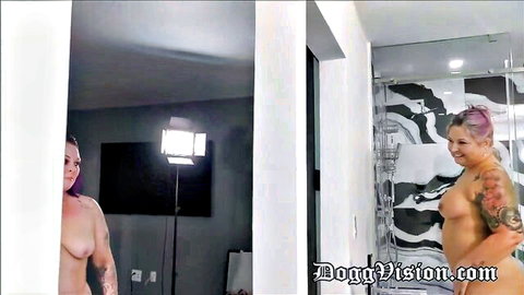 Davina Raines wet BBW mature topless in bathroom, big tits and ass