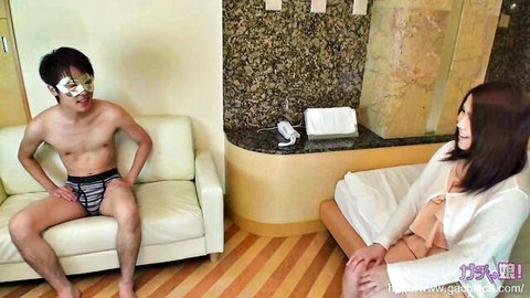 Blindfolded Asian man in striped underwear with smiling woman Sana, amateur JAV couple tease