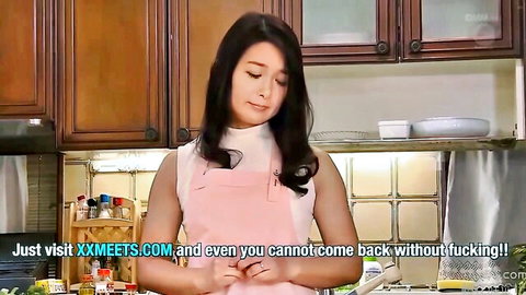 Momoko Isshiki in pink apron teasing in kitchen for JAV affair video