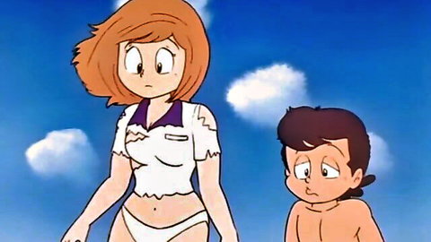 Busty orange-haired anime teacher Machiko in torn blouse and panties with young student boy