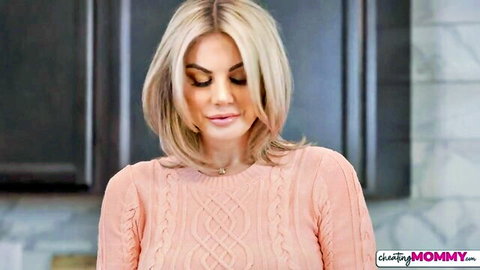 Blonde stepmom Addison James in pink sweater, teasing alone time