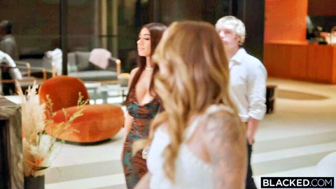 Violet Myers in red dress with blonde co-star and stud in Blacked threesome tease