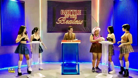 Asian women in braless game show battle, topless skirts and stockings, Wow Mani Episode 2