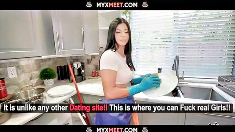 Niicky Baby curvy Latina maid washing dishes in kitchen