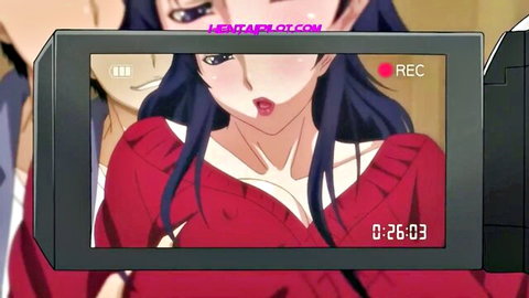 Uncensored anime hentai blue-haired girl in red sweater surprised during recording