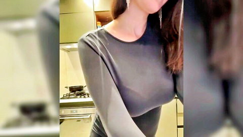 Curvy brunette stepmom in tight gray dress, teasing selfie