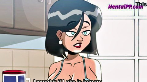 Anime stepmom with blue hair and big tits in kitchen, teasing look