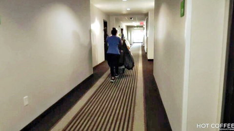 Jolla PR big booty Latina in blue uniform pushing room service cart
