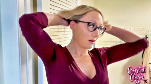 Crystal Clark blonde stepmom in maroon V-neck top, teasing expression