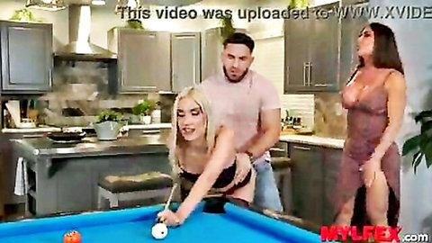 Blonde bends over billiards table as guy rams her from behind with brunette stepmom watching, threesome fun