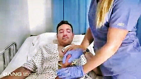 Blonde nurse in scrubs gives gloved handjob to patient's hard cock in hospital bed