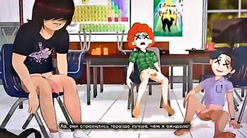 3D hentai schoolgirls spreading legs teasing in classroom with posters
