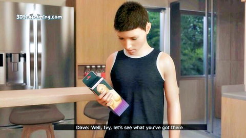 3D anime boy in tank top holding milk carton in kitchen, stepmom taboo hentai