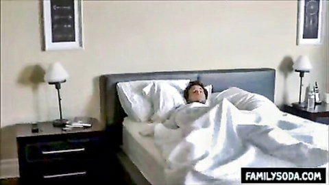 Step son lying in bed, ready for taboo viagra encounter with stepmother