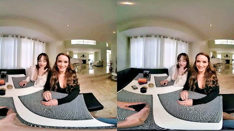 Two sexy MILF brunettes in low-cut dresses smiling seductively in VR POV
