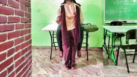 Indian student standing barefoot in classroom showing curvy ass in tight salwar