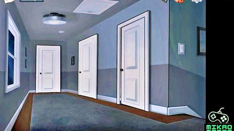 Eerie empty gray hallway with white doors and soft lighting in horror game style