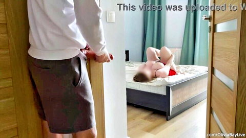 Stepsister exposed on bed with toy, brother peeking in rough sex scene by OliviaBay