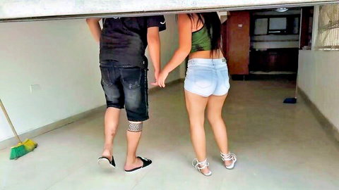 Cute Latina stepsister in tiny white shorts holds hands with stepbro for sneaky garage anal tease