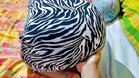 Thick South Asian girl's big zebra print ass grabbed by boyfriend's hand on bed