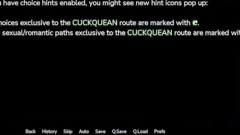 Visual novel UI screen detailing cuckquean route with exclusive sexual romantic paths marked by stars