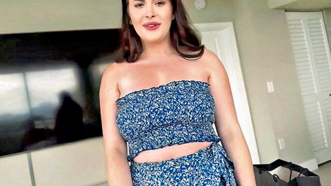 Busty Scott Stark in blue floral strapless top and wrap skirt, teasing stepmom on day off