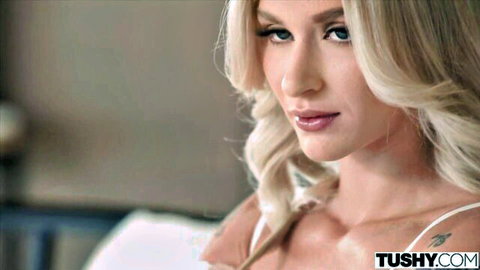 Petite blonde Emma Rosie teasing in lingerie for Tushy anal scene