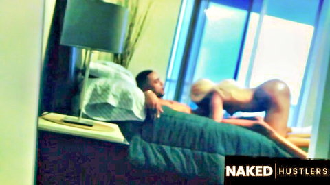 Blonde big ass babe straddles black man's huge cock reverse cowgirl on bed