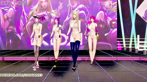 Nude MMD dance of Ahri, Akali, Kai'Sa, Evelynn in sexy poses, animated hentai style