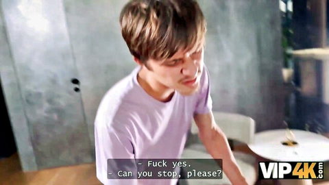 Young brunette guy in purple shirt moans fuck yes with ecstatic face in steamy indoor scene