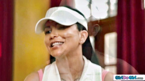 Petite Asian Lulu Chu smiles in white visor and pink tank top for steamy stepmom deal