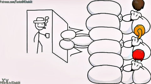 Humorous stick figure dad peeks at stacked white orbs with hands in adult meme thumbnail
