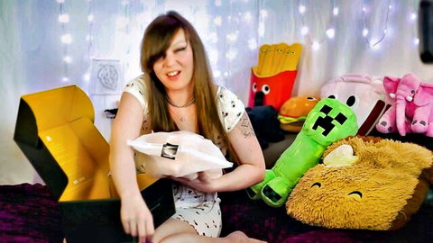 Roxy unboxing sex doll in white dress, gamer girl style