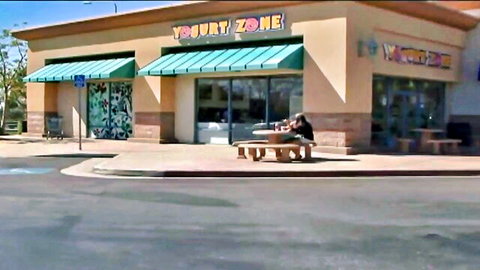 Stepmom cougar MILF outside Yogurt Zone shop, casual outdoor vibe