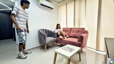 Gabriela Wish as pregnant stepsister angry on couch, guy standing over