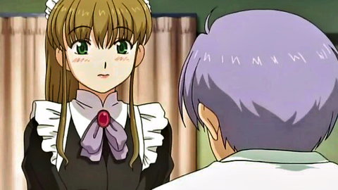 Blonde anime maid in frilly outfit blushing at purple-haired guy in Hentai Heaven