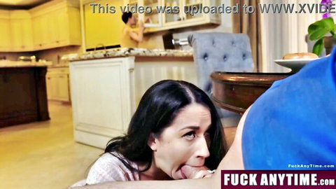 Brunette teen giving blowjob for cash to homeowner in explicit scene