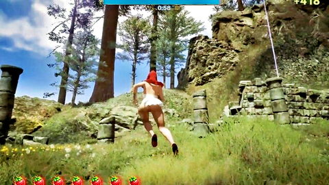 Animated red riding hood in hentai game running through woods, showing ass in white panties