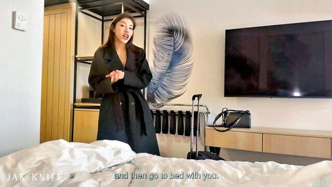 Ruthlee Spanish bombshell in coat seduces lucky American guy with body language