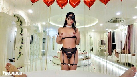 Topless Asian stepsister in black lingerie and mask for Valentine's gift tease
