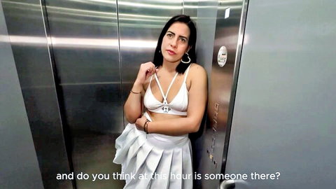 Kylei Ellish Latina MILF in white harness lingerie teases in elevator