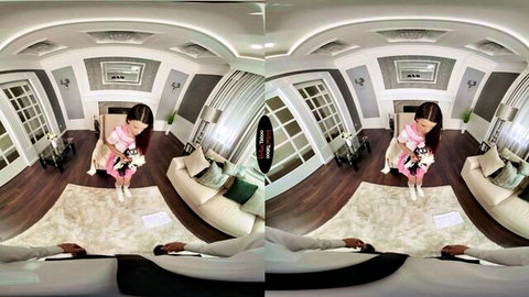 Ohana Petite in pink dress kneeling with puppy, VR solo teaser