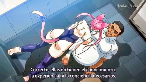Hentai catgirl in swimsuit straddling man, pink hair and ears