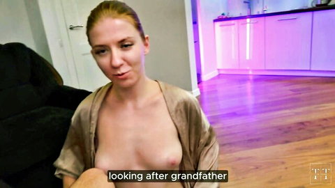 Blonde babe exposes tits in silk robe looking after grandfather with rimming
