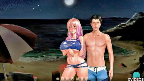 Anime pink-haired busty girl in bikini with topless guy on moonlit beach