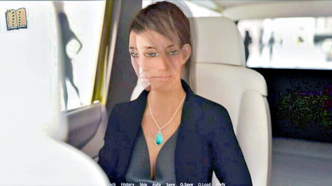 Brunette Jennifer in cleavage-revealing black dress in luxury car